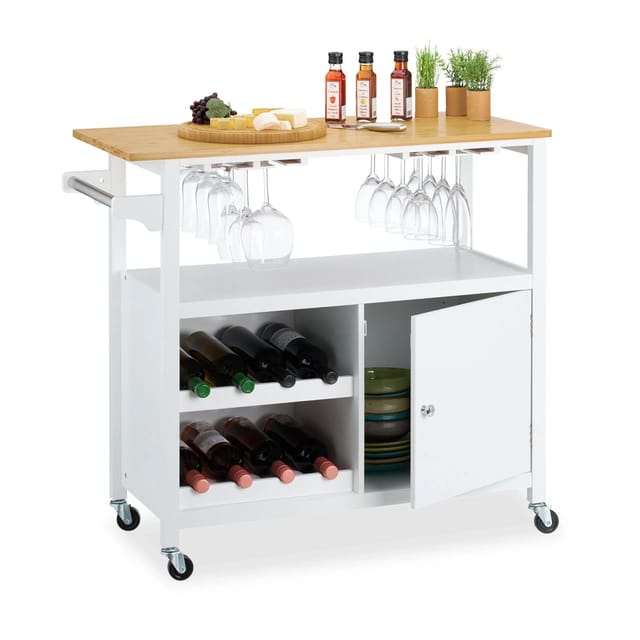 Küchenwagen, Weinregal, Gläserhalter, Schrankfach, Handtuchhalter, hbt: 83x92x40 cm, Bambus, mdf, weiß/natur - Relaxdays