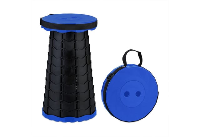 Teleskophocker, faltbar, Tragegurt, Outdoor, höhenverstellbarer Campinghocker, hbt 44,5x25x25 cm, blau/schwarz - Relaxdays