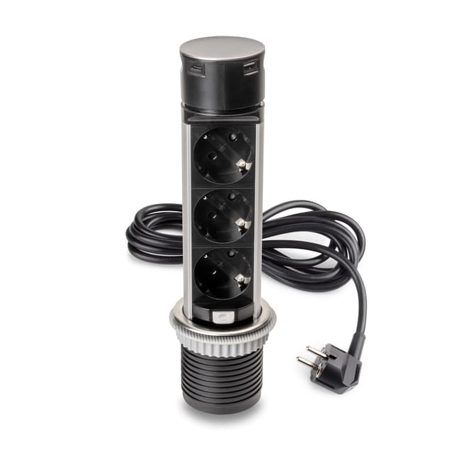 Abnehmbarer Multistecker Vertikal Push 60, Durchmesser 60mm, 3 x Schukostecker, 1 x usb Typ a, 1 x usb Typ c, Stahl und Kunststoff, Edelstahl - Emuca