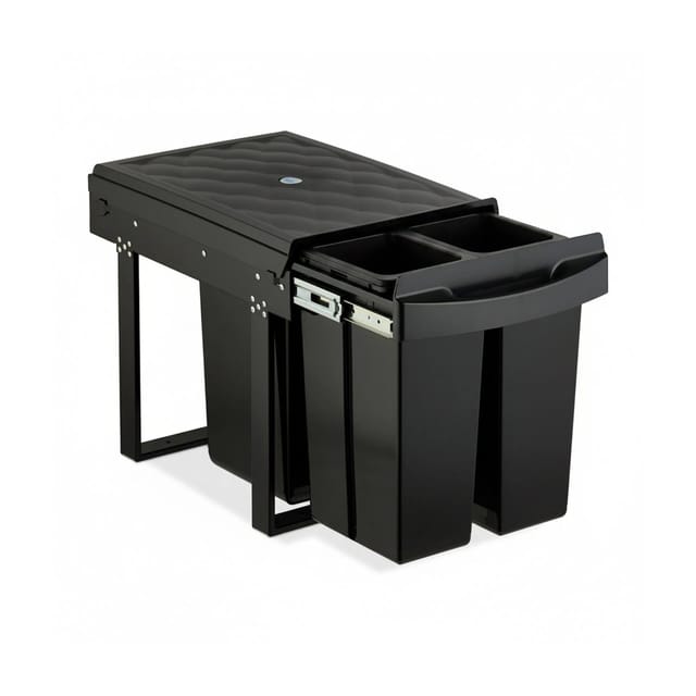 Relaxdays Einbaumülleimer, 3 Fächer, 20l, 2x 10l, HBT: 41,3 x 34 x 51,8 cm, ausziehbar, Müllsystem Unterschrank, schwarz