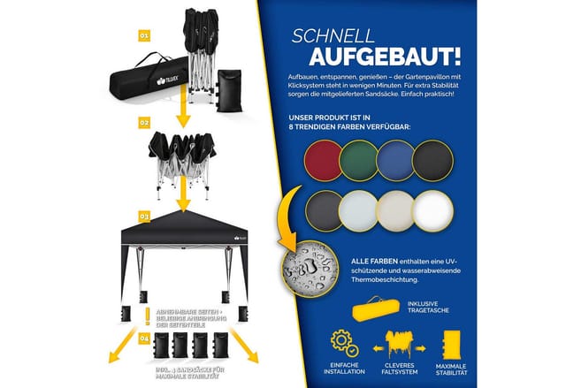 Pavillon 3x3m Schwarz wasserdicht Pop-Up Faltpavillon höhenverstellbar Gartenzelt uv Schutz 50+ Partyzelt mit Tasche für Garten - Tillvex