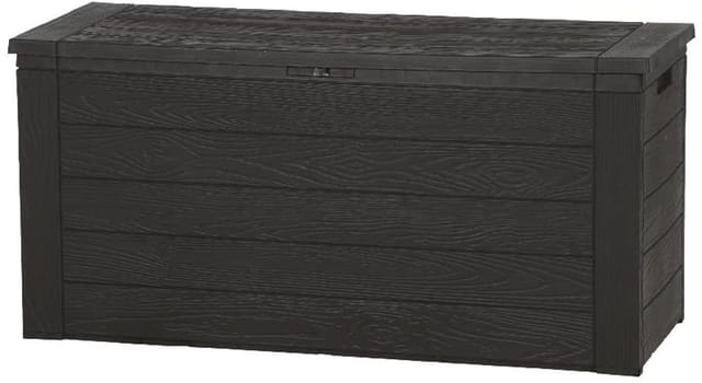 Garten KIssenbox für Auflagen in Holz Optik - ca. 120 x 58 x 48 cm - Kunststoff Auflagenbox mit Deckel 300 Liter anthrazit/braun - Garten Truhe Box