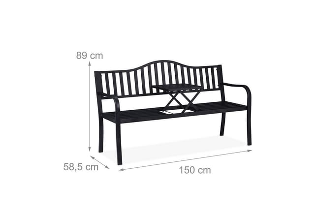 Relaxdays Gartenbank mit klappbarem Tisch, 3-Sitzer, stabil, Garten, Metall Balkonbank, HBT 89 x 150 x 58,5 cm, schwarz