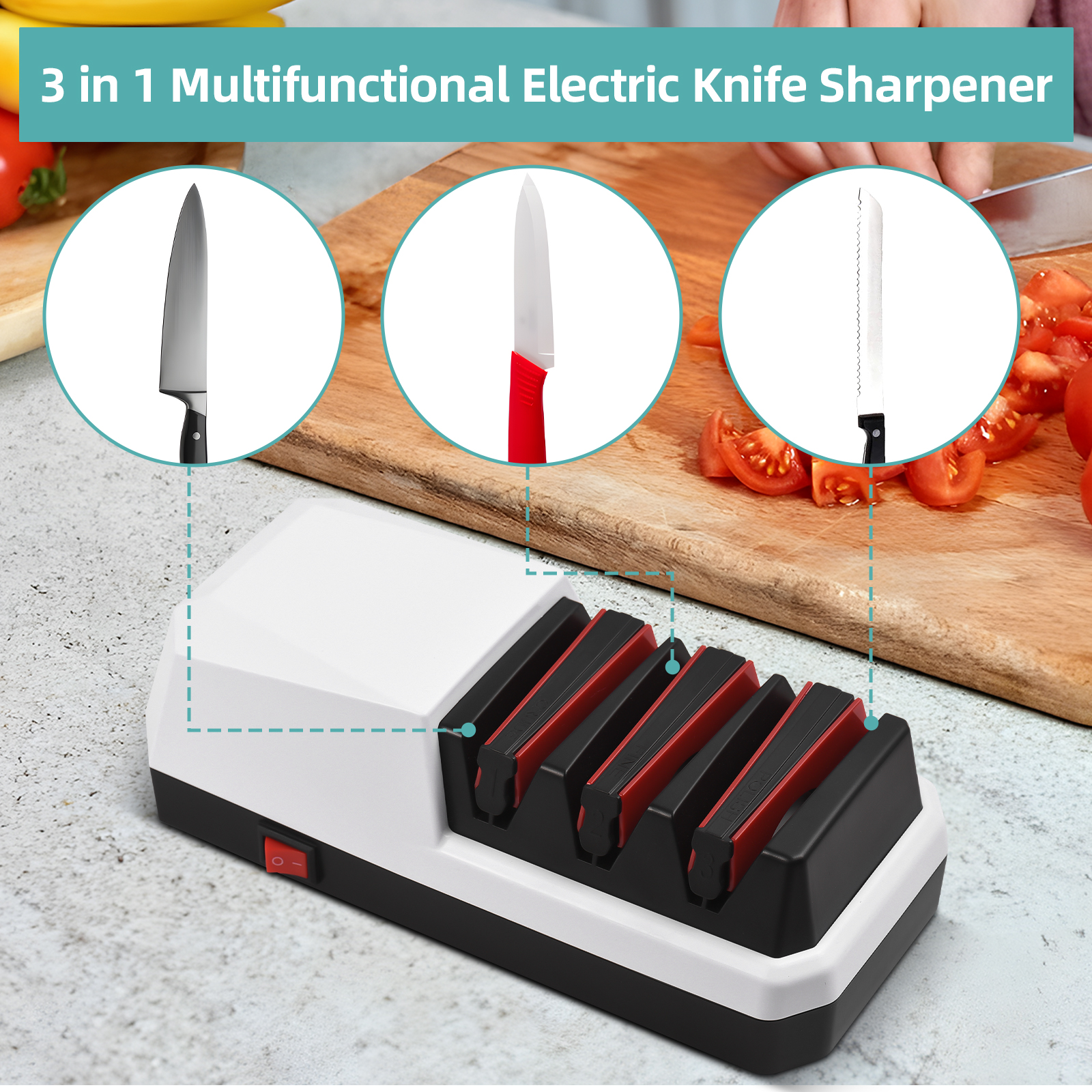 Elektrischer Messerschärfer Mit 3-stufigem Schärfsystem Zum Schnellen Schärfen Und Polieren Von Messern Mit Gerader Klinge Und Gezahnter Keramik.