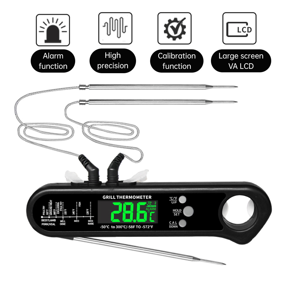 Digitales Fleischthermometer, Batteriebetrieben, Mit Zwei Sonden, Sofortmessung In 2-3 Sekunden, Mit Magnetalarm Und Flaschenöffner, Lcd-display, Für Backofen, Grill, Herd Oder