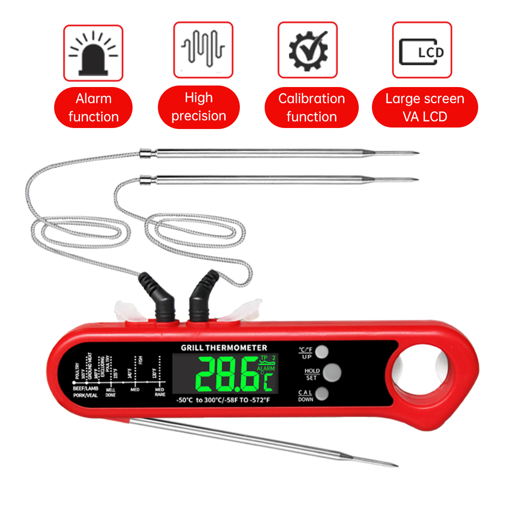Digitales Fleischthermometer Zum Kochen, Batteriebetrieben, Mit Zwei Sonden, Sofortiger Messung In 2-3 Sekunden, Mit Magnetischem Alarm Und Flaschenöffner, Lcd-display, Für Backofen, Grill, Küche Oder