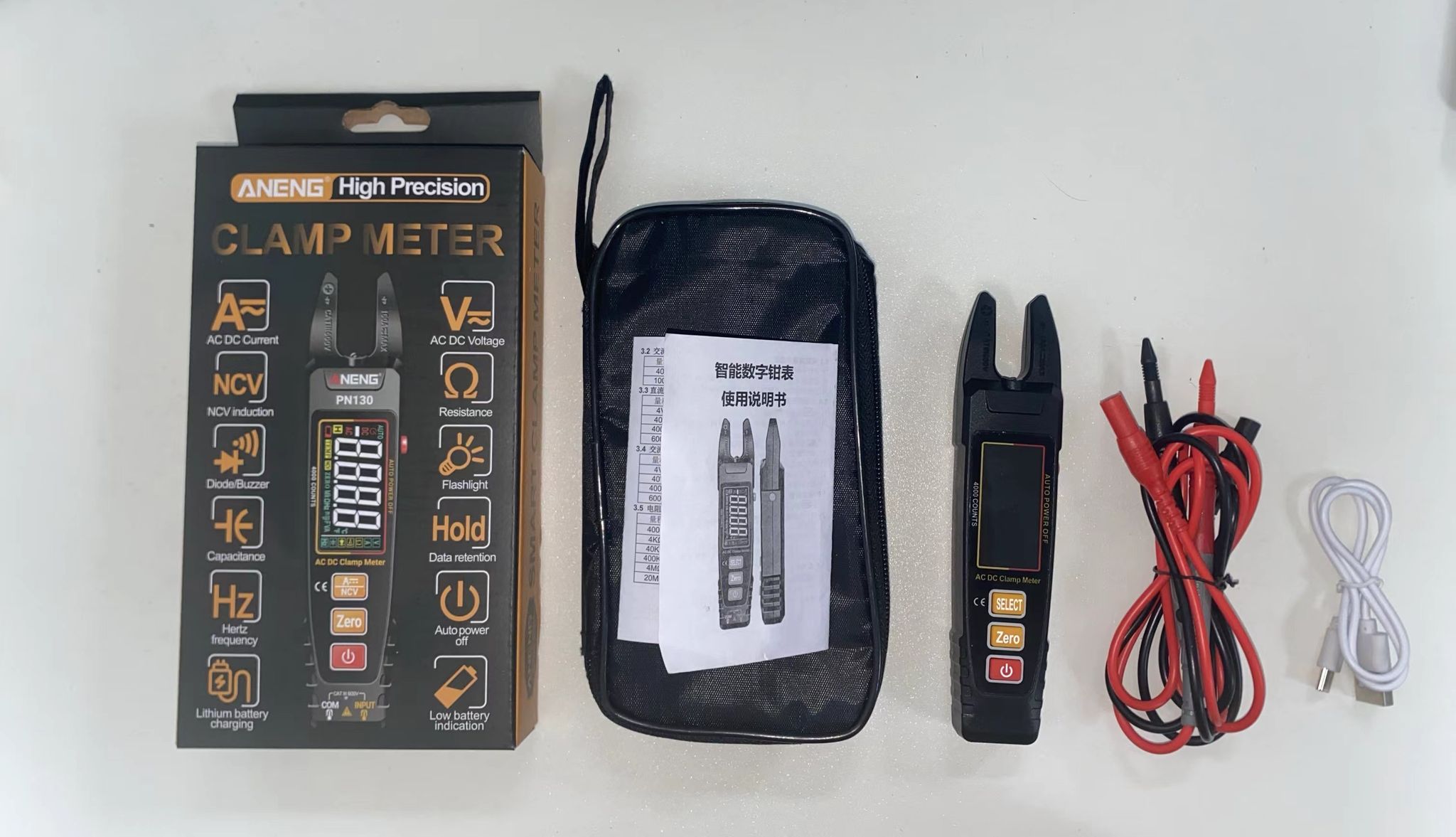 U-förmiges Zangenamperemeter, Multimeter, Wechsel-/gleichstrom, Spannung, Hz-frequenz, Diodensummer, Widerstands- Und Kondensatortester, Ncv-erkennung, Anzeige Für Niedrigen Batteriestand Mit Taschenl