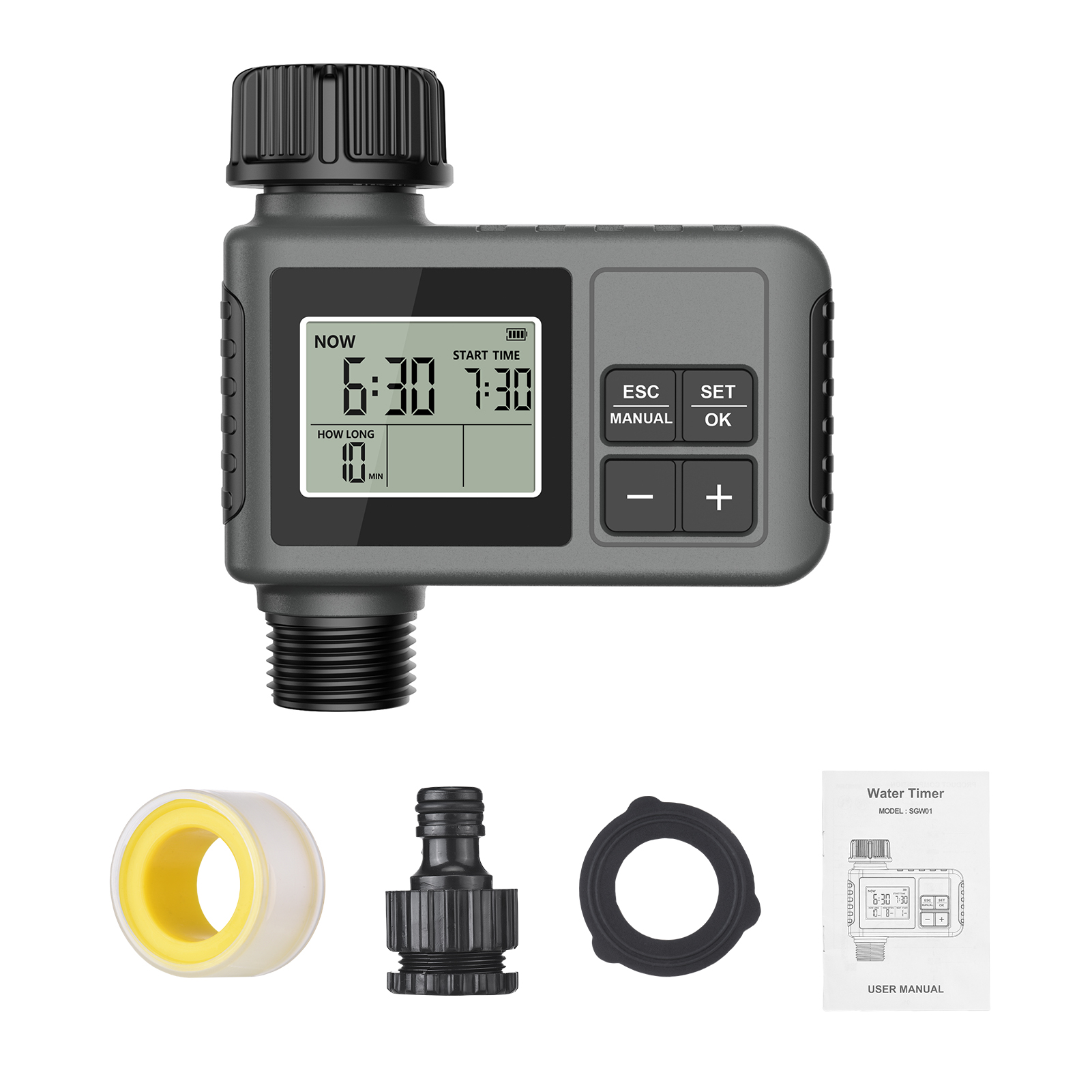 Bewässerungssystem Mit Zeitschaltuhr, Programmierbarem Gartensprenger, 1 Auslass, Intelligentem Zeitventil-controller, Regenverzögerung/manuell/großem Lcd-bildschirm, Ipx5, Wasserdicht, Schwarz, Grau,