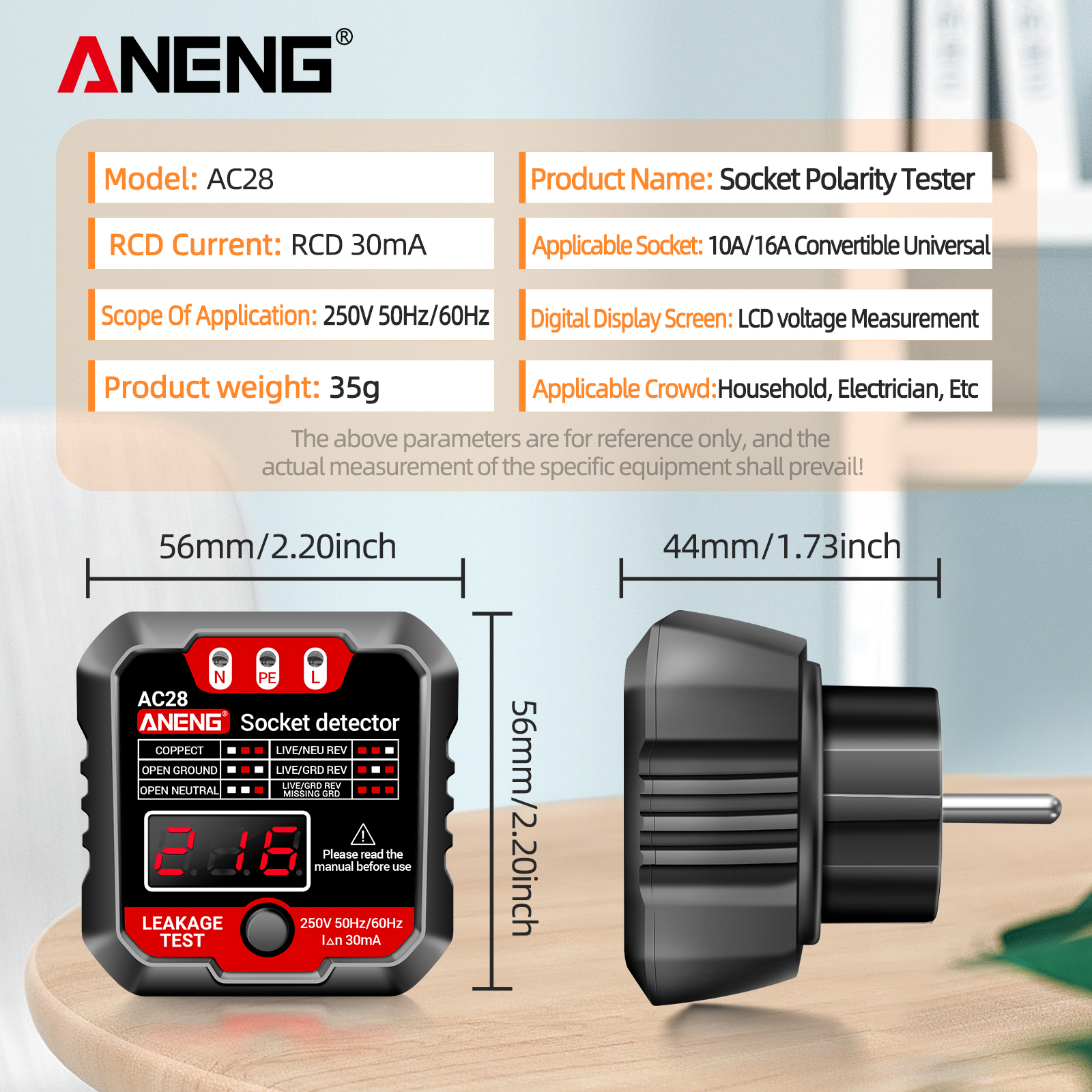 Aneng Ausgangsprüfgerät Steckdosendetektor Mit Lcd-spannungsanzeige, Stromsteckdosenprüfer 250v, Automatischer Stromkreispolaritätstest, Wandstecker-elektrowerkzeuge.