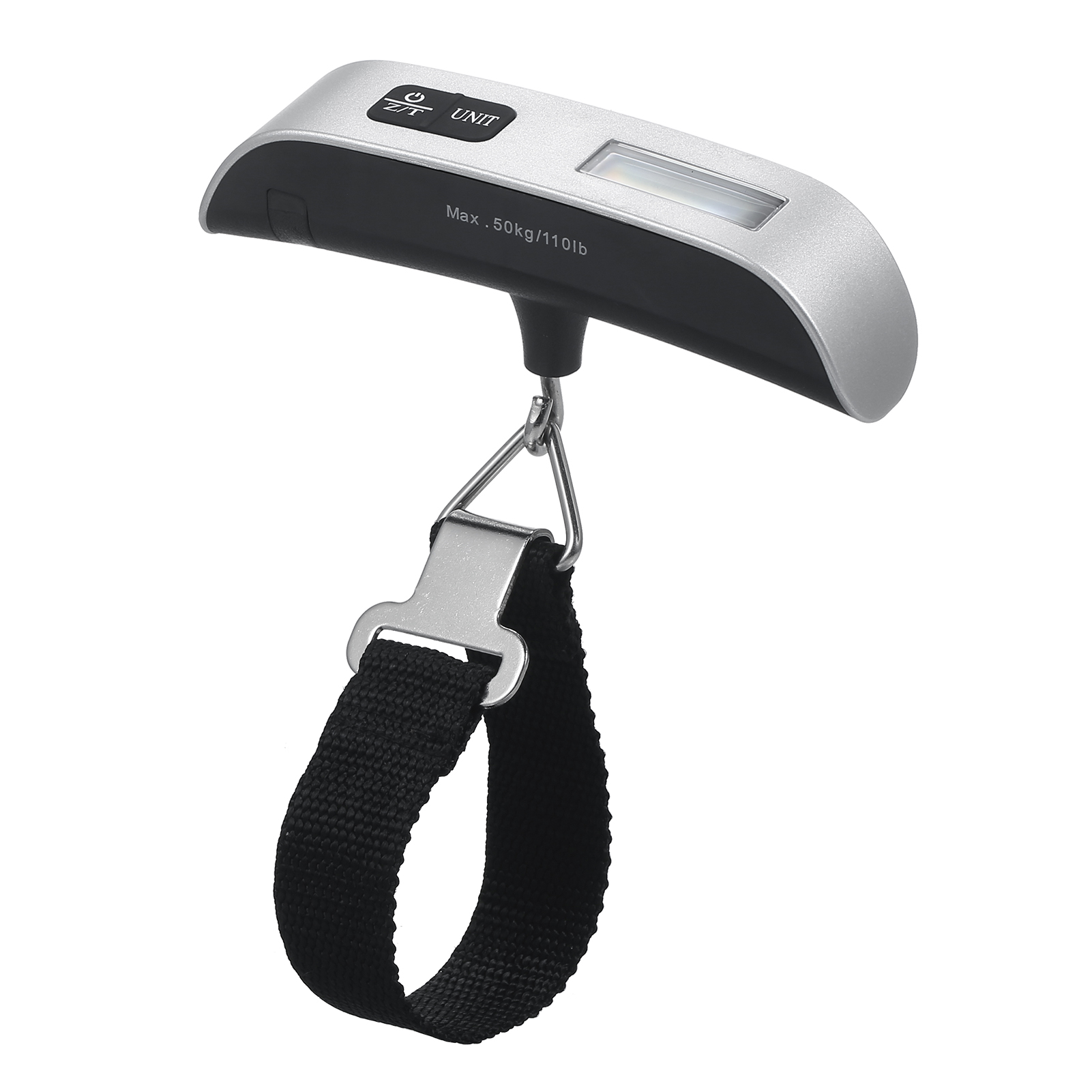 Tragbare Digitale Gepäckwaage Aus Edelstahl Mit Haken, Hintergrundbeleuchtetem Lcd-display Und Temperaturmessung. Tragkraft: 50 Kg.