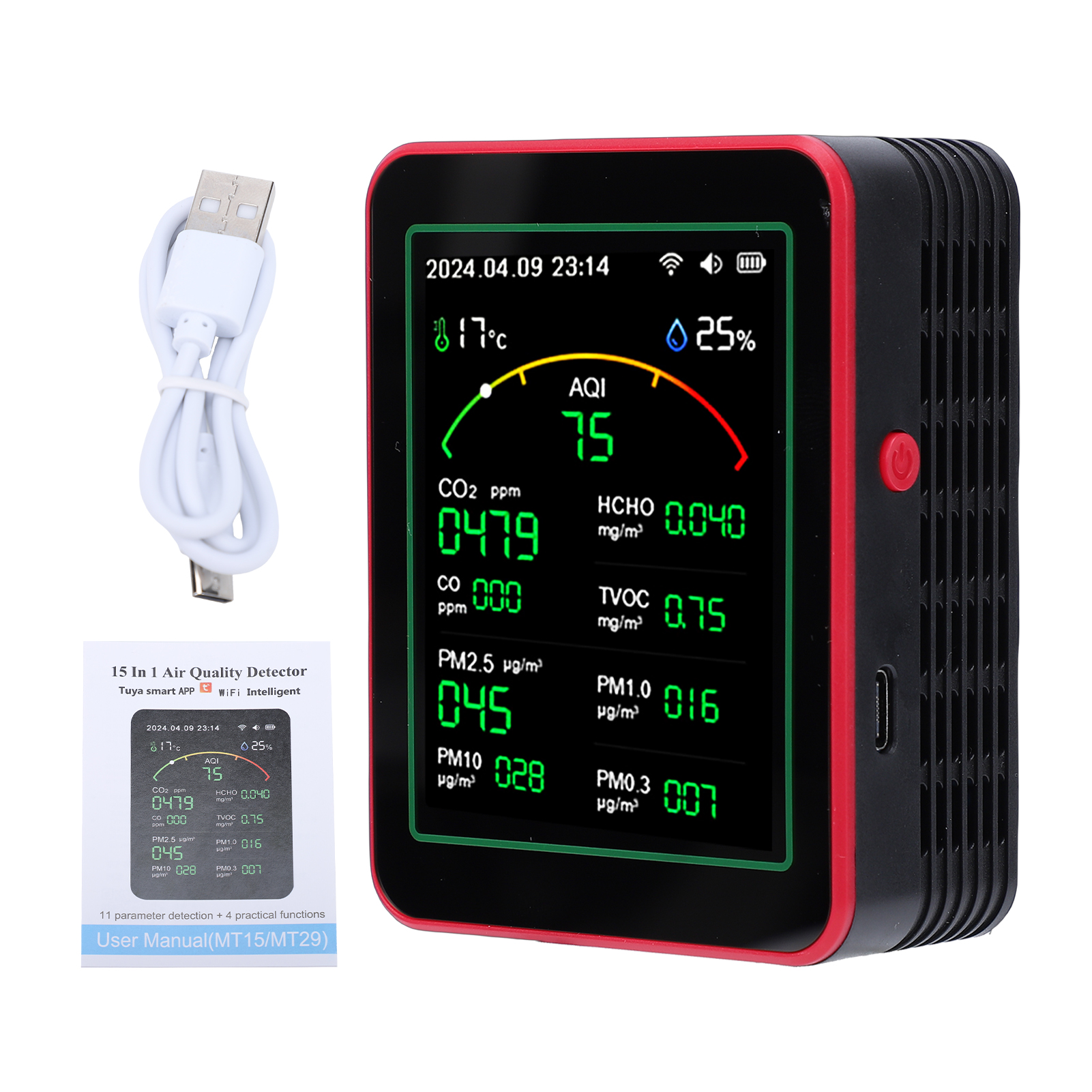 15-in-1-luftqualitätsmonitor Co2 Co Hcho Tvoc Pm Intelligenter Temperatur- Und Feuchtigkeitsdetektor Wifi Ty App-steuerung Multifunktionstester Für Innenräume, Zuhause, Büro, Hotel, Wohnmobil.