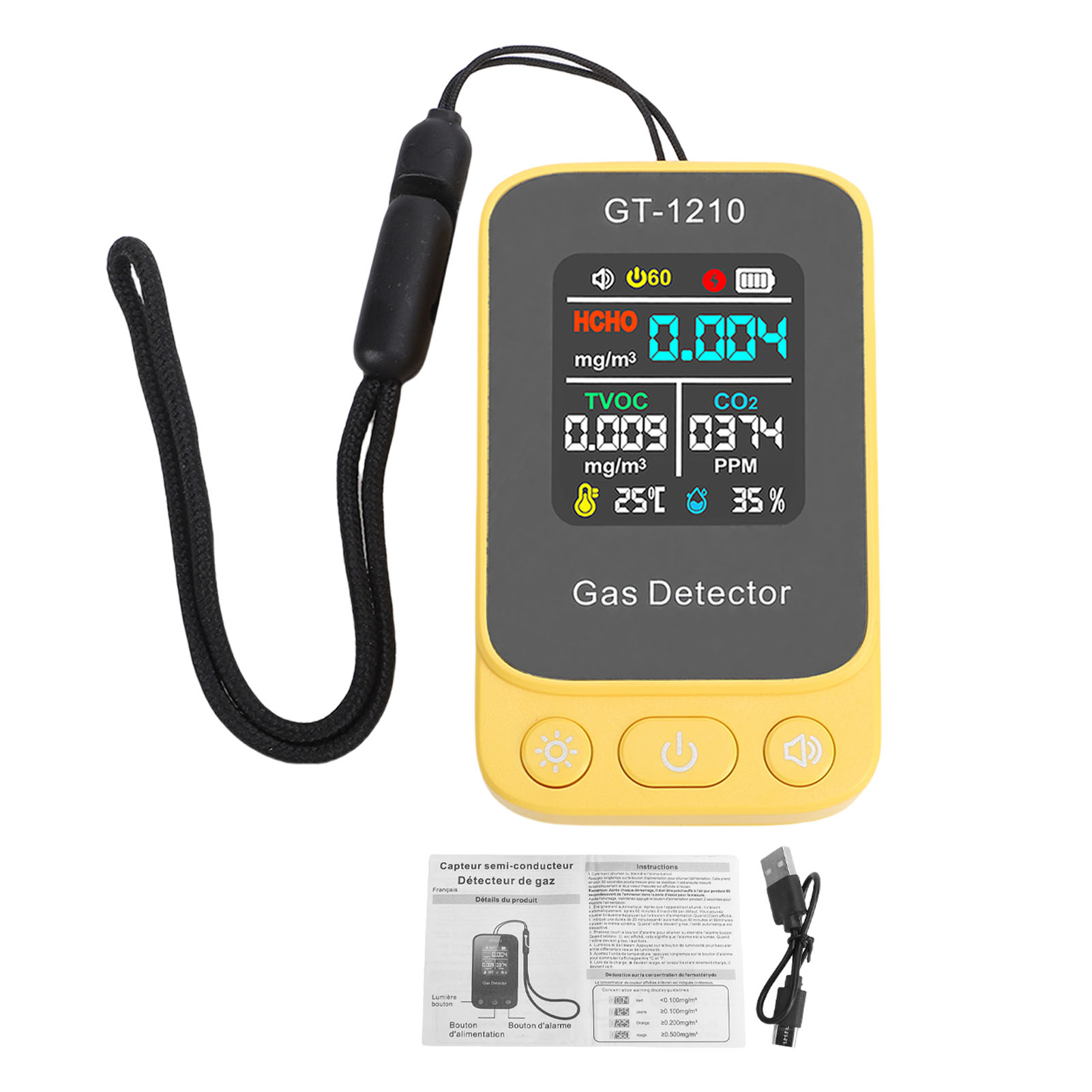 5-in-1 Luftqualitätsmessgerät, Co2-, Tvoc-, Hcho-, Temperatur- Und Feuchtigkeitsdetektor, Hintergrundbeleuchtetes Lcd-display, Innenmessgerät.