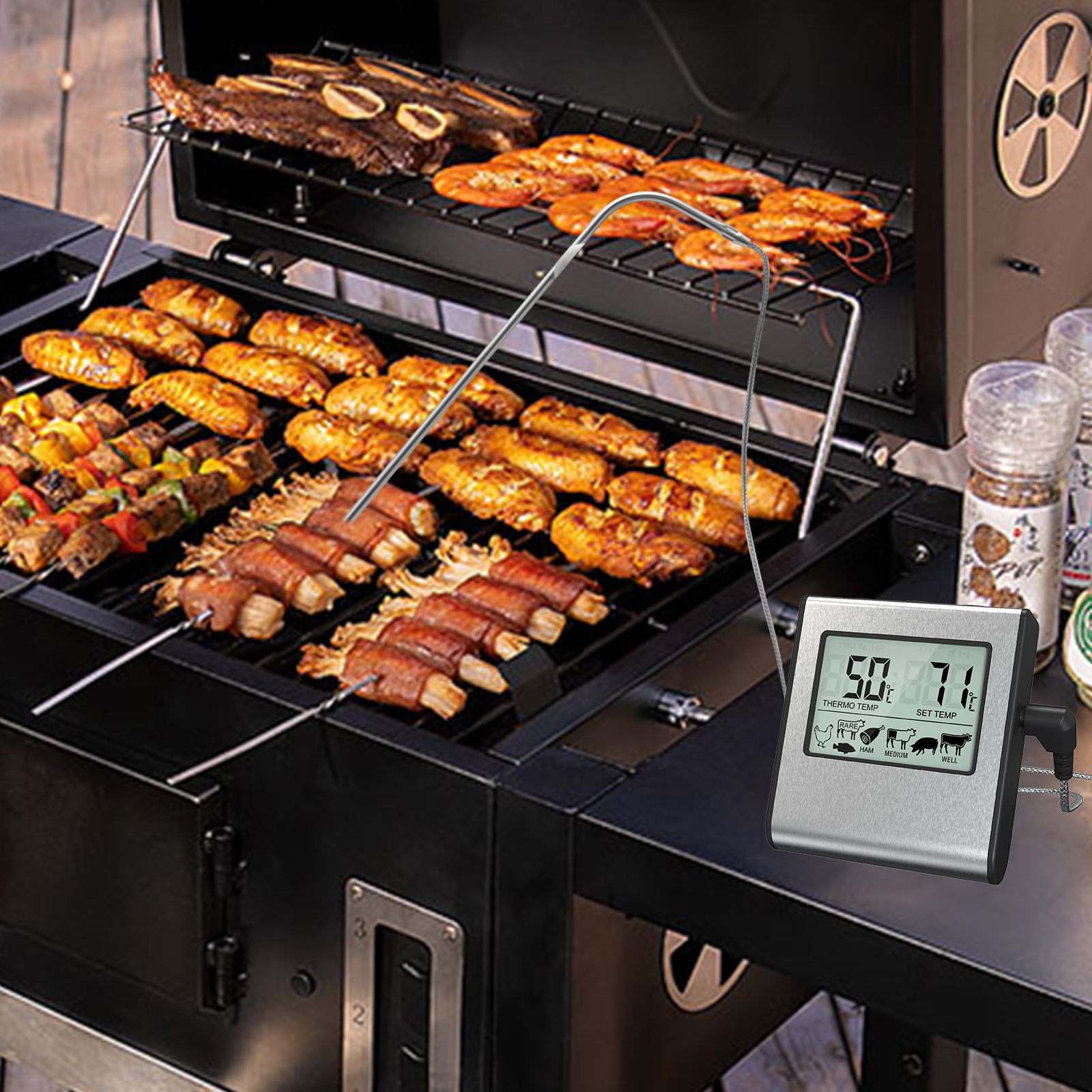 Digitales Lcd-lebensmittelthermometer, Fleischthermometer Mit Sonde, Für Backofen, Grill, Smoker, Barbecue, Küche, 7 Voreingestellte Temperaturen Und Timer.