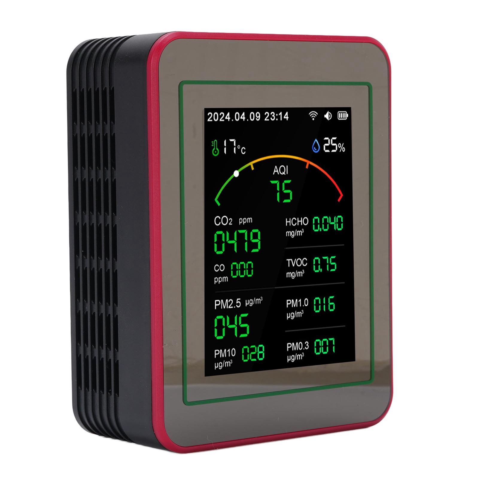 15-in-1 Luftqualitätstester, 2,8-zoll-hd-bildschirm, Co2 Tvoc Hcho Pm2.5, Temperatur- Und Feuchtigkeitstimer, Wlan-detektor, Schwarz + Rot.
