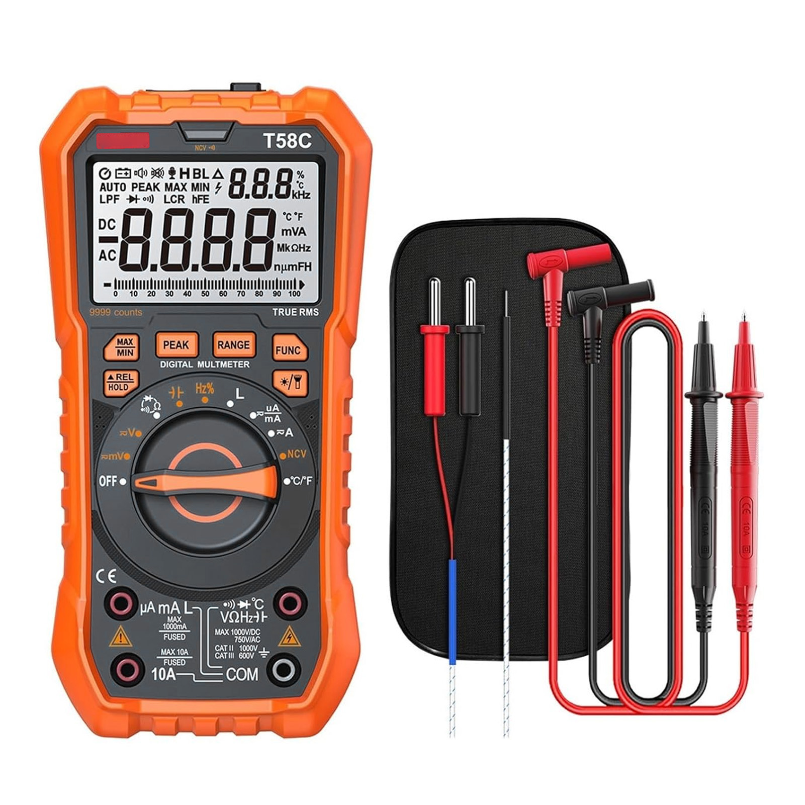 Digitales Trms-multimeter Mit 9999 Zählern, Hintergrundbeleuchtetem Display, Led-anzeige, Spannungs-, Strom-, Frequenz-, Temperatur- Und Kapazitätsmessung Sowie Rückseitigem Ständer.
