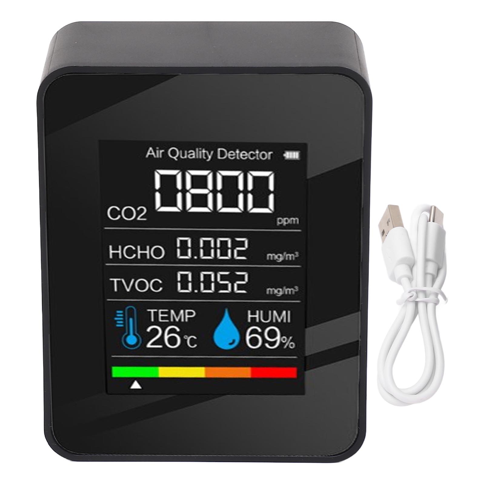 5-in-1 Luftqualitätsmonitor, Farb-lcd-bildschirm, Co2-, Tvoc- Und Hcho-messung, Multifunktionaler Temperatur- Und Feuchtigkeitsdetektor Mit Alarmfunktion.