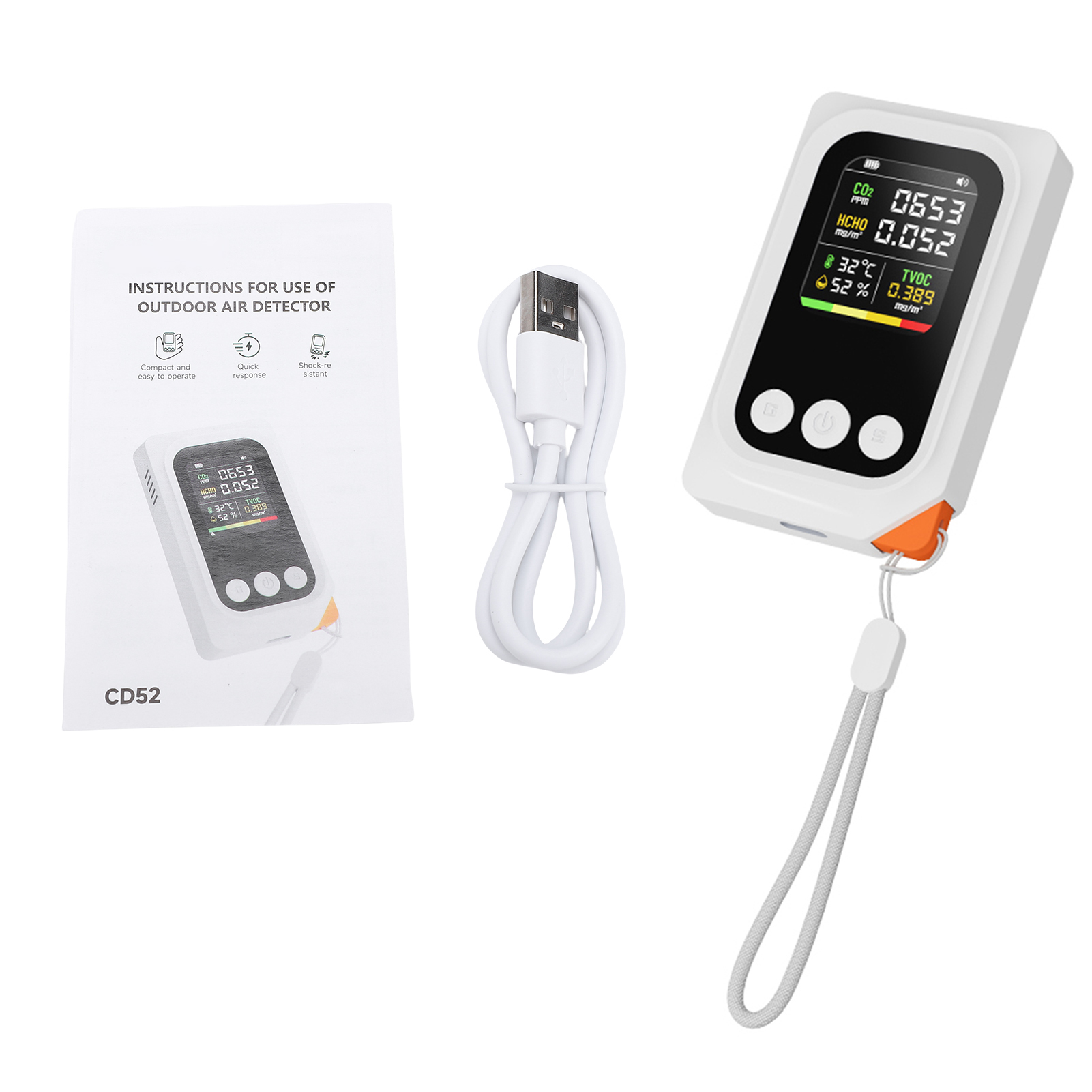 Das Tragbare 5-in-1-luftqualitätsmessgerät Misst Luftfeuchtigkeit, Temperatur, Co₂ Und Tvoc Und Verfügt Über Ein Hd-display Sowie Einen Integrierten Akku Für Den Innen- Und Außenbereich. Farbe: Weiß.