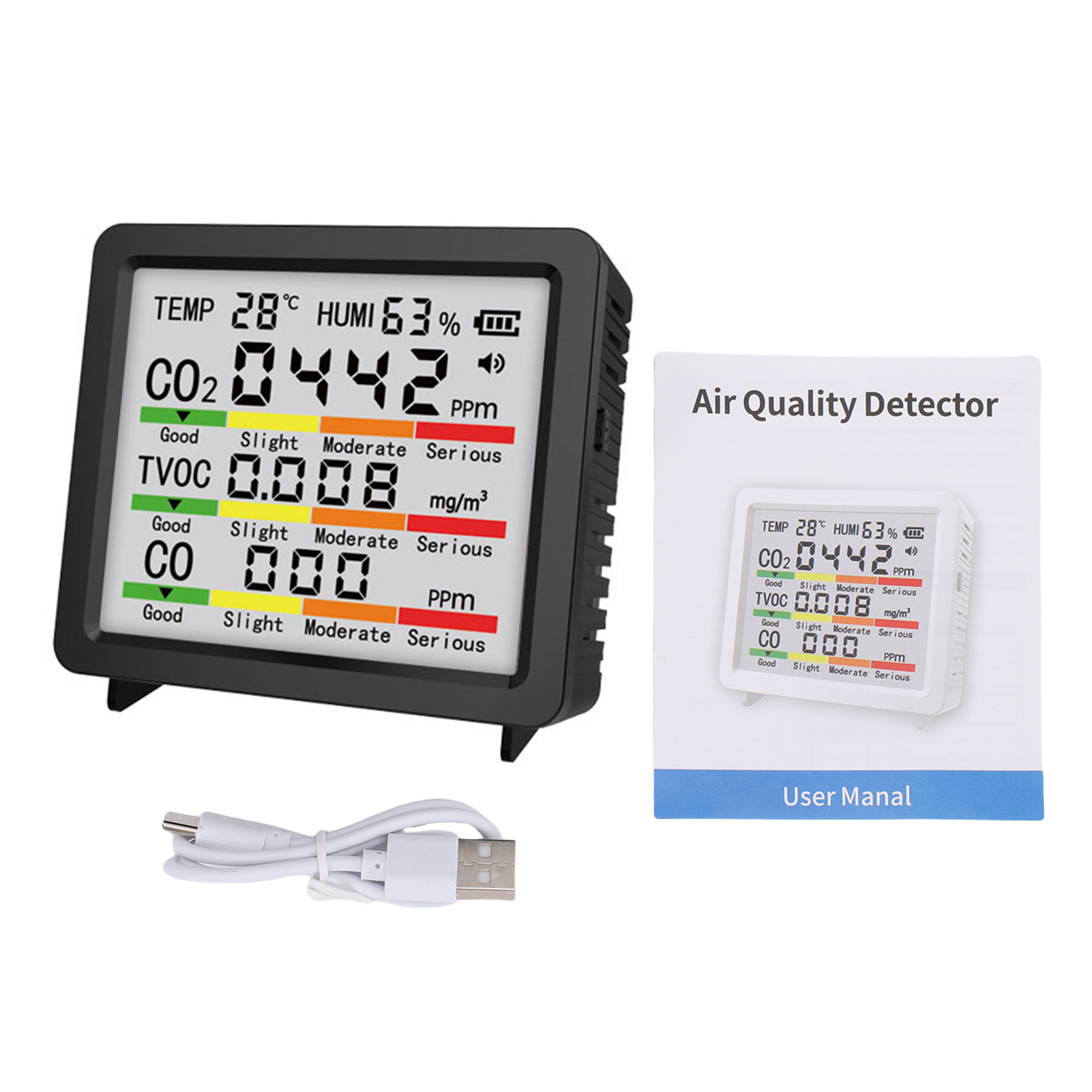 5-in-1-monitor Für Co2, Tvoc Und Co Mit Temperatur- Und Feuchtigkeitssensor, Tragbarer Gasmonitor Für Den Innen- Und Außenbereich, Geeignet Für Zuhause, Büro, Auto, Schwarz.