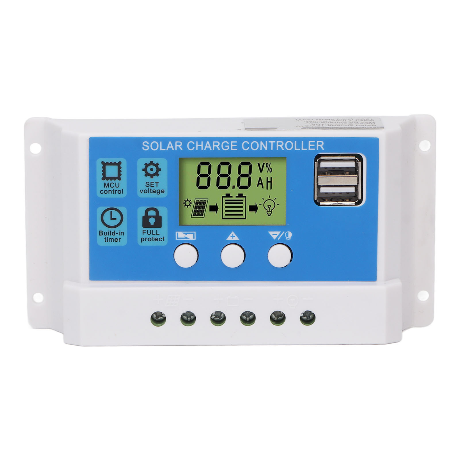 Pwm-solar-laderegler-panel, Intelligenter Regler, Einstellbares Lcd-display, 2 Usb-anschlüsse 12v 24v, Weiß, 20a.