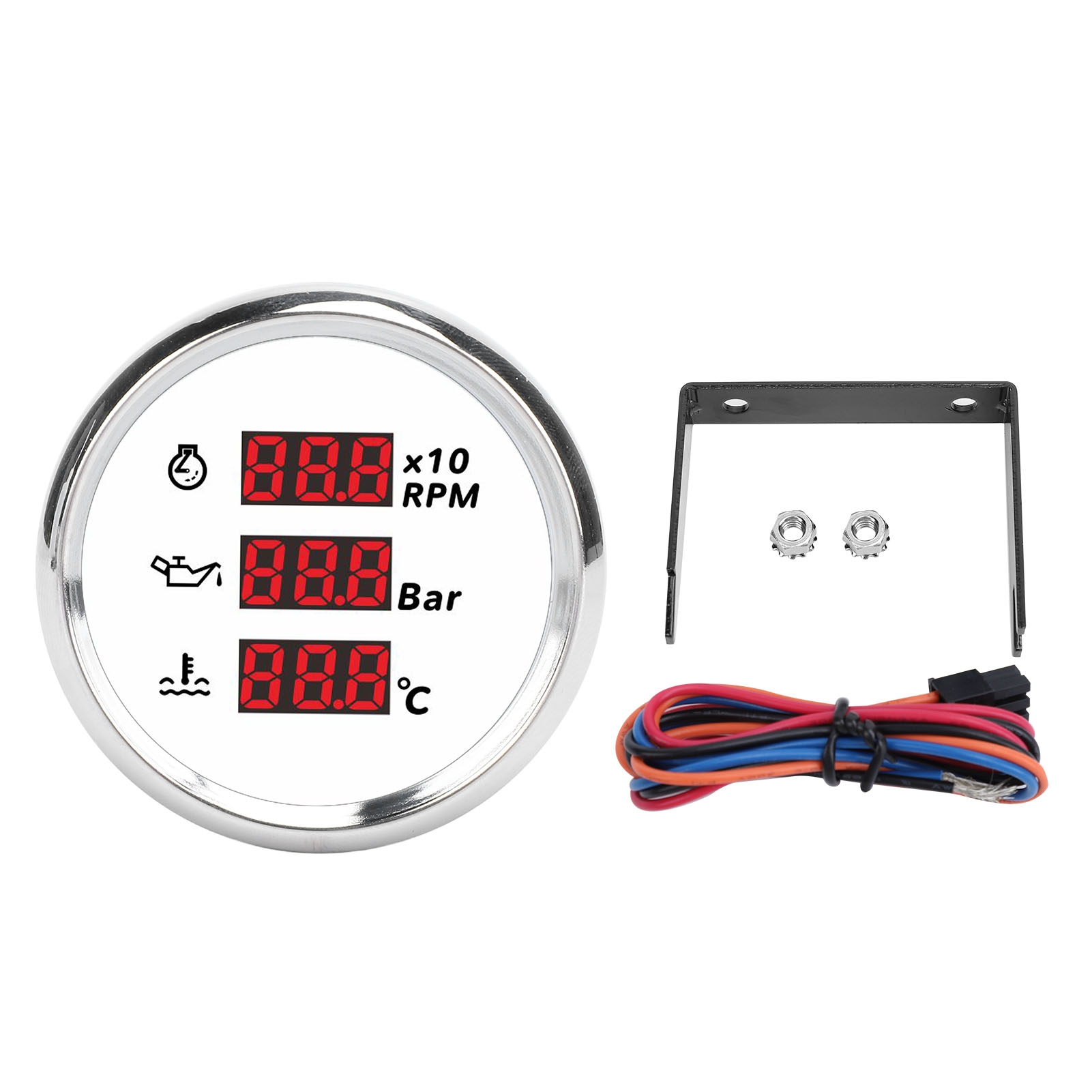 Digitales 52-mm-wassertemperatur- Und Öldruckmessgerät Mit Hintergrundbeleuchtung, 3-in-1-led-anzeige-drehzahlmesser Für Boot, Yacht, Wohnmobil, Lkw, Motorrad 810-00321 Weißes Zifferblatt Silberne Lün