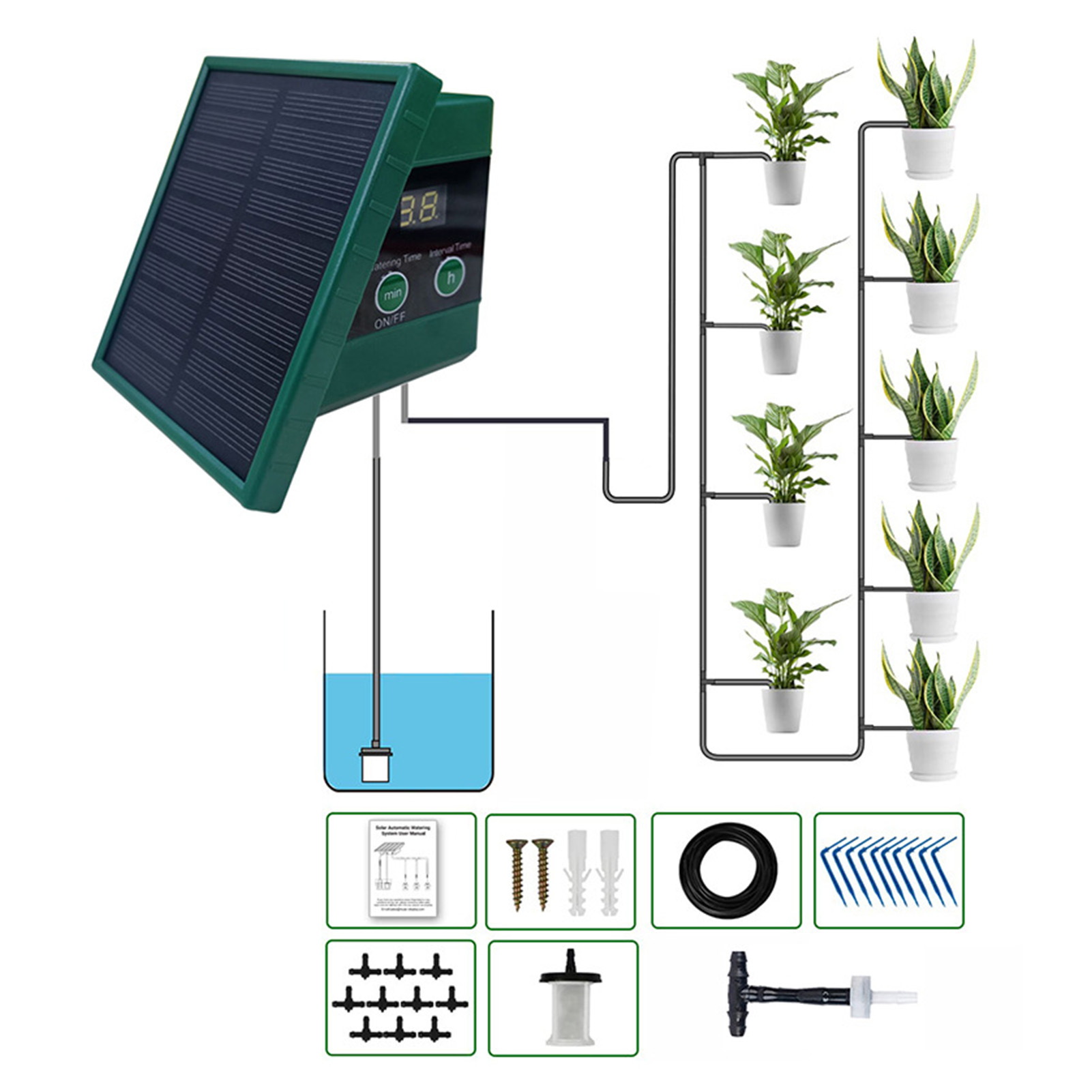 Tropfbewässerungssystem Mit Zeitschaltuhr, Rückflussverhinderer Und Energiesparendem Solar-automatikset Für Topfpflanzen Im Garten.