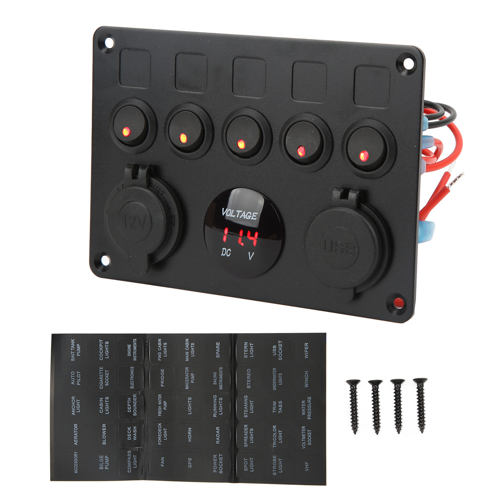 5-fach Wasserdichtes 12-24v Led-schaltfeld Mit Hintergrundbeleuchtetem Digitalvoltmeter Für Boote, Wohnmobile, Anhänger Und Lkws, Rot.