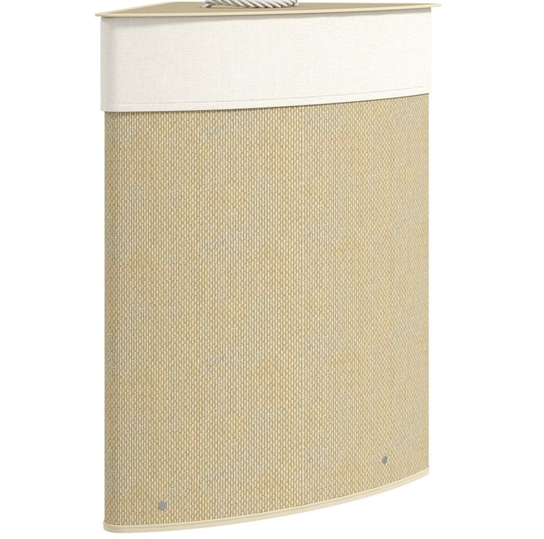 Eck-wäschekorb Aus Bambus 55 L Mit Stoffbeutel Und Metallgestell, Creme