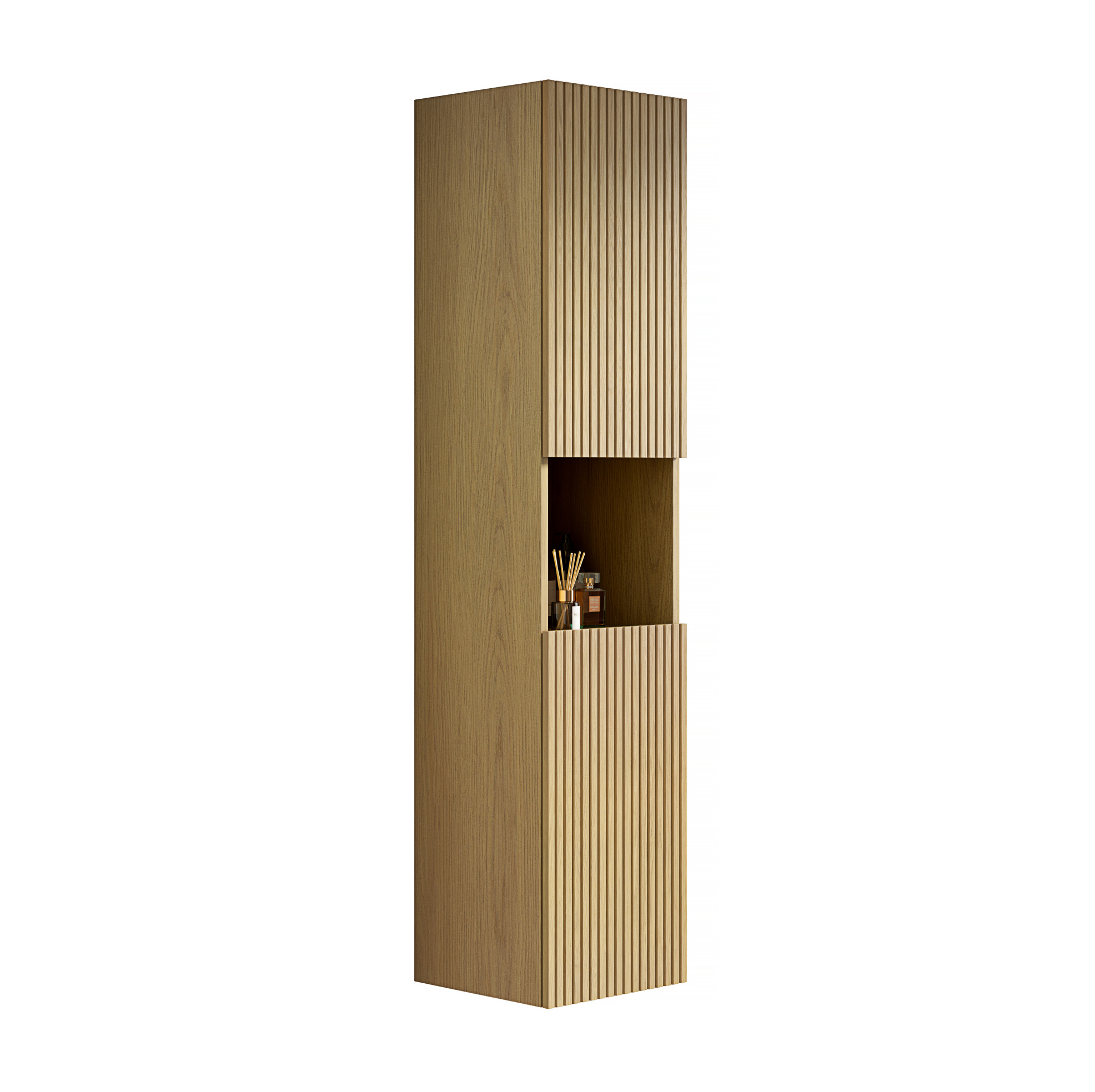 Hoher Badschrank 160 Cm Mit 2 Türen Und Offenem Fach, Schmal, Goldene Eiche Modenuit