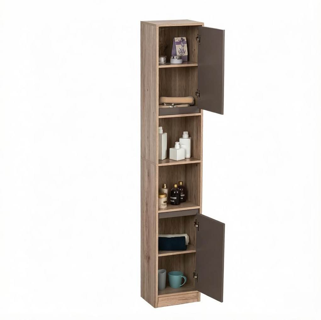 Hoher, Schmaler Badezimmerschrank 30 X 24 X 170 Cm Grau Und Eiche Modenuit