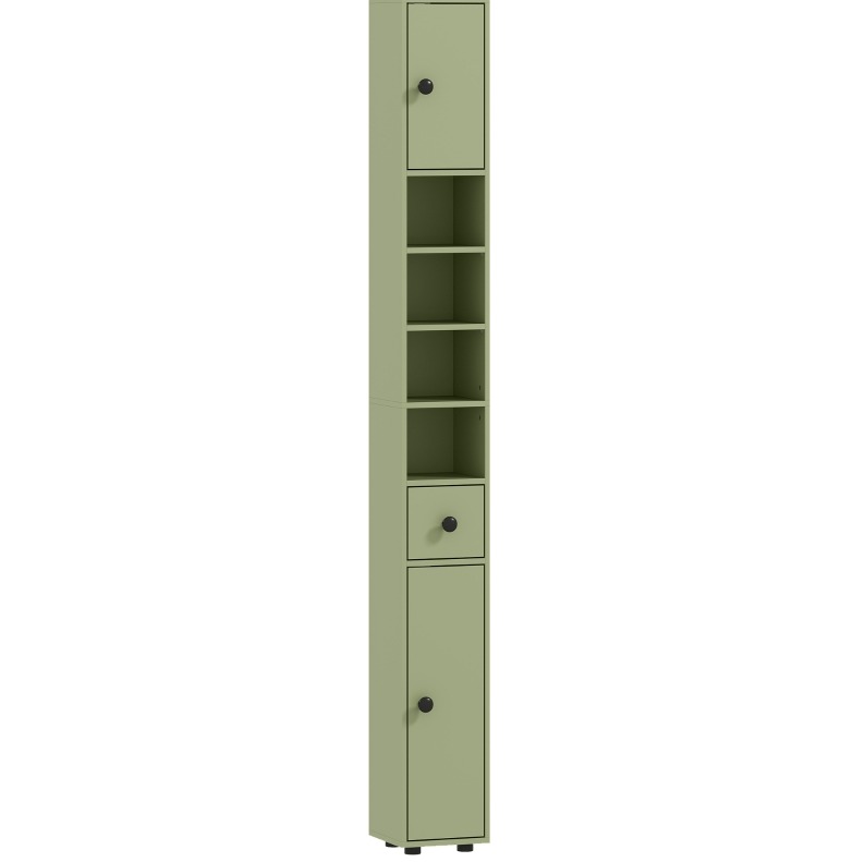 Schmaler Badezimmerschrank Grün 20 X 20 X 180 Cm Mit Schublade Und 4 Offenen Fächern