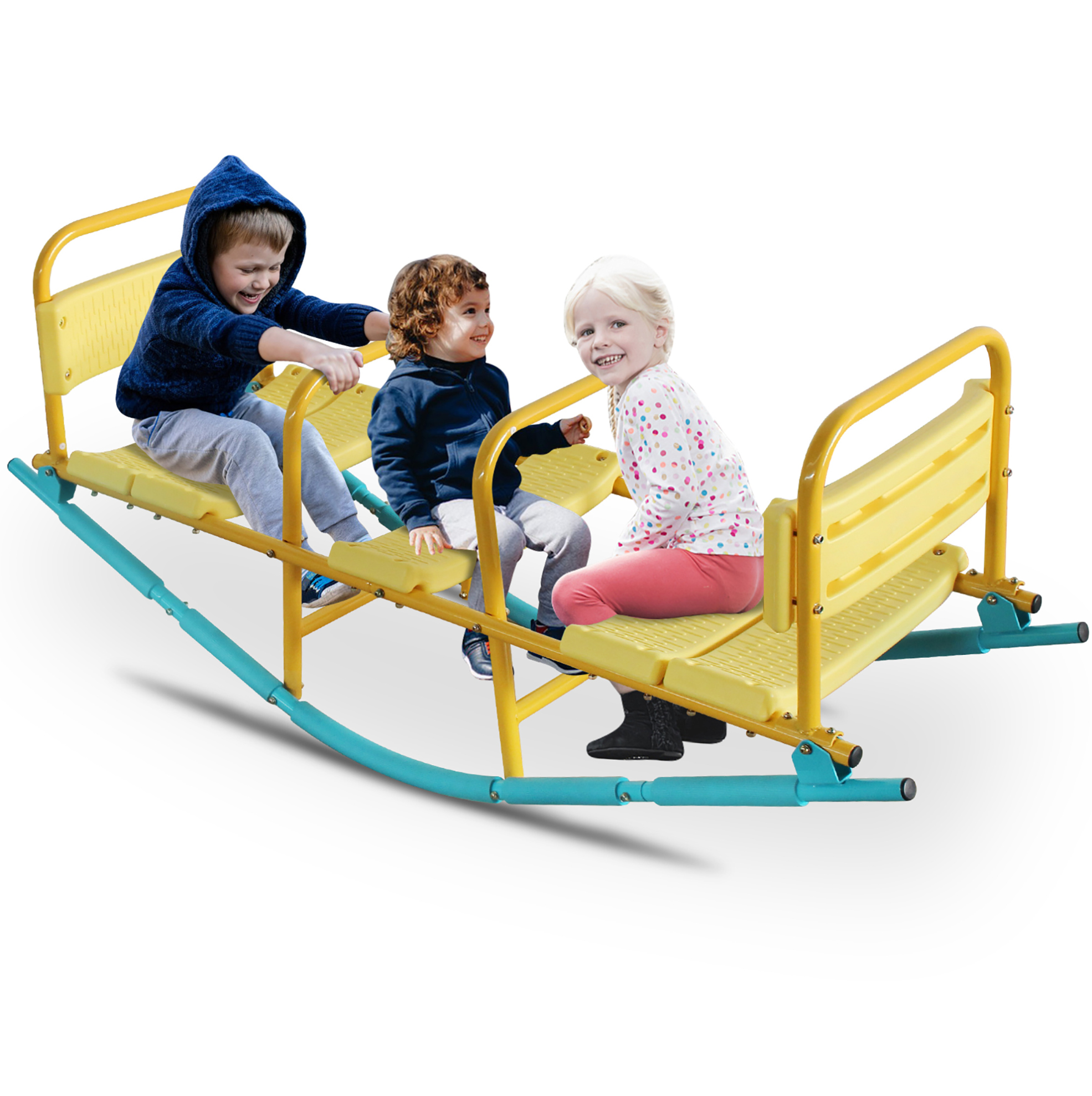 Wippe Für 3 Kinder 132,99 Cm Aus Stahl Und Kunststoff Mit Rückenlehnen, Blau-gelb