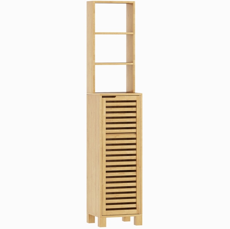Schmaler Badezimmerschrank Aus Bambus 34 X 30 X 170 Cm Mit 3 Offenen Fächern Und Lamellentür