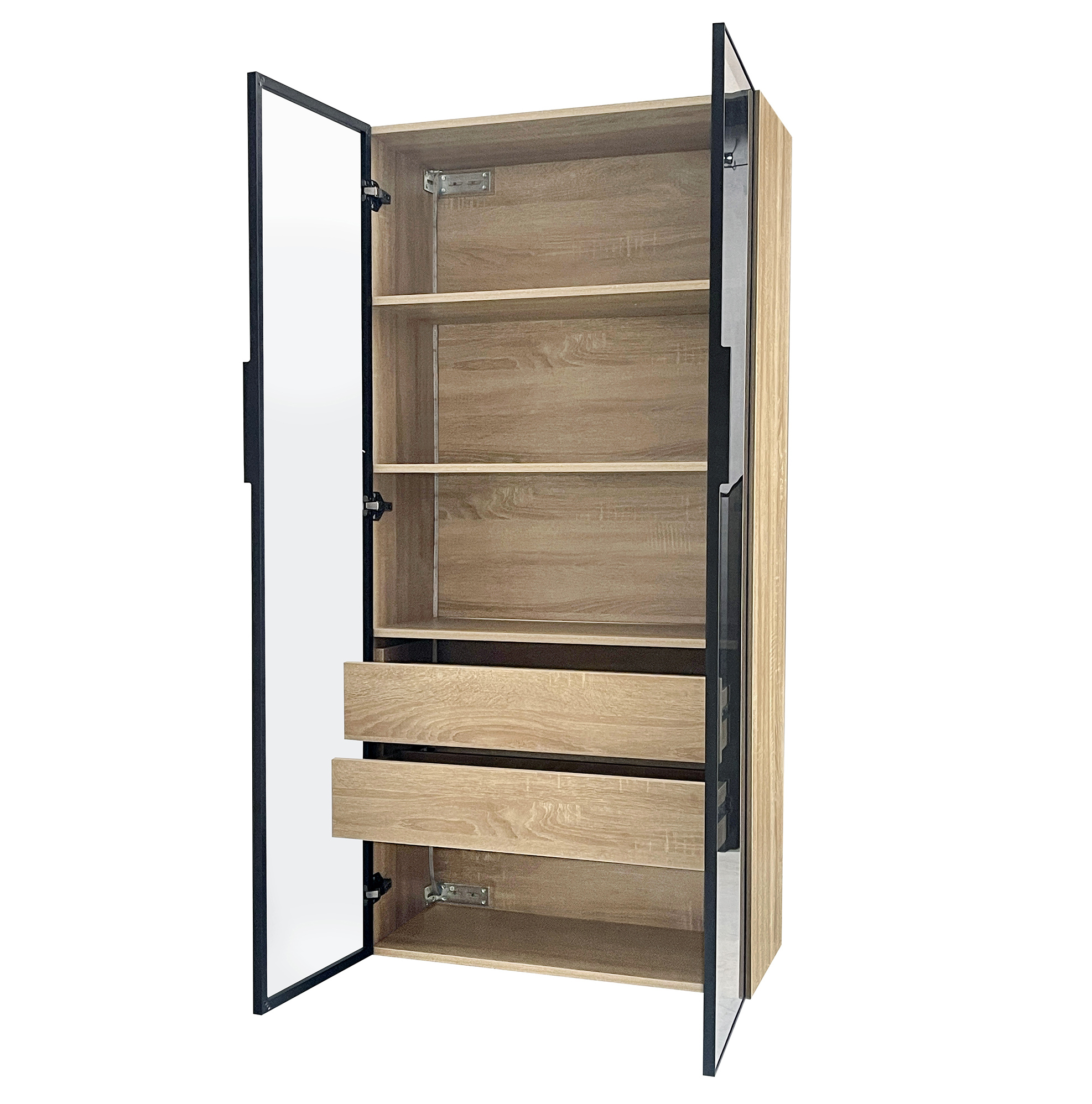 Hoher Badezimmerschrank Aus Mdf Natur 74 X 36 X 155 Cm Mit Led, 2 Schubladen Und 2 Satinierten Türen