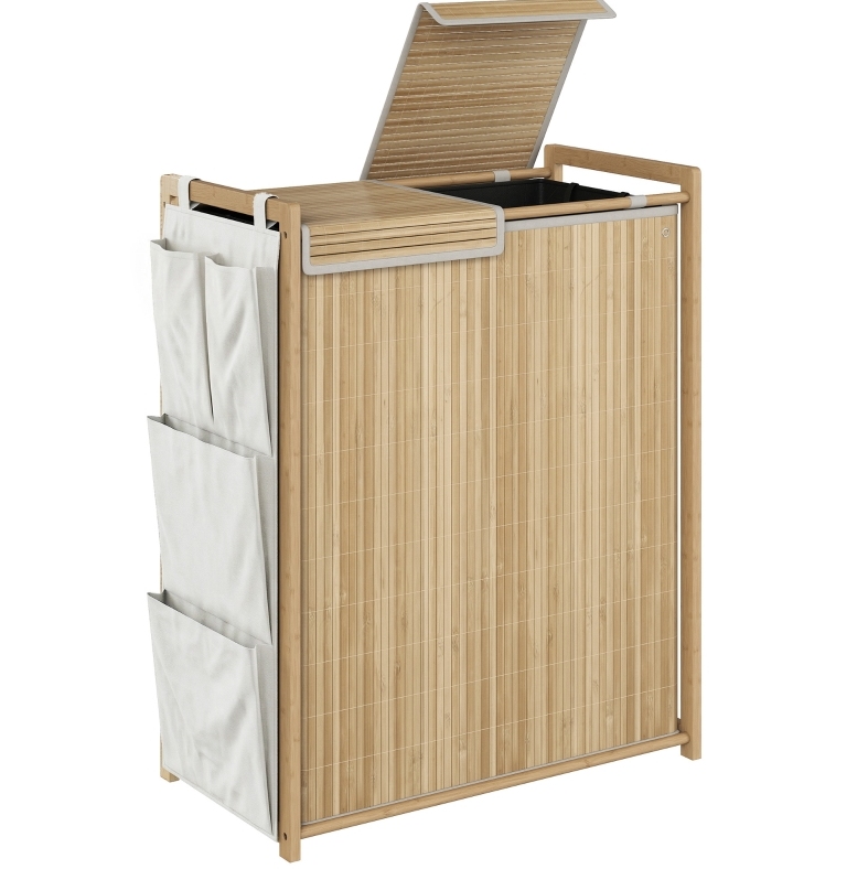 Bambus-wäschekorb 120 L Mit Herausnehmbaren Säcken Und Seitentaschen, Natur