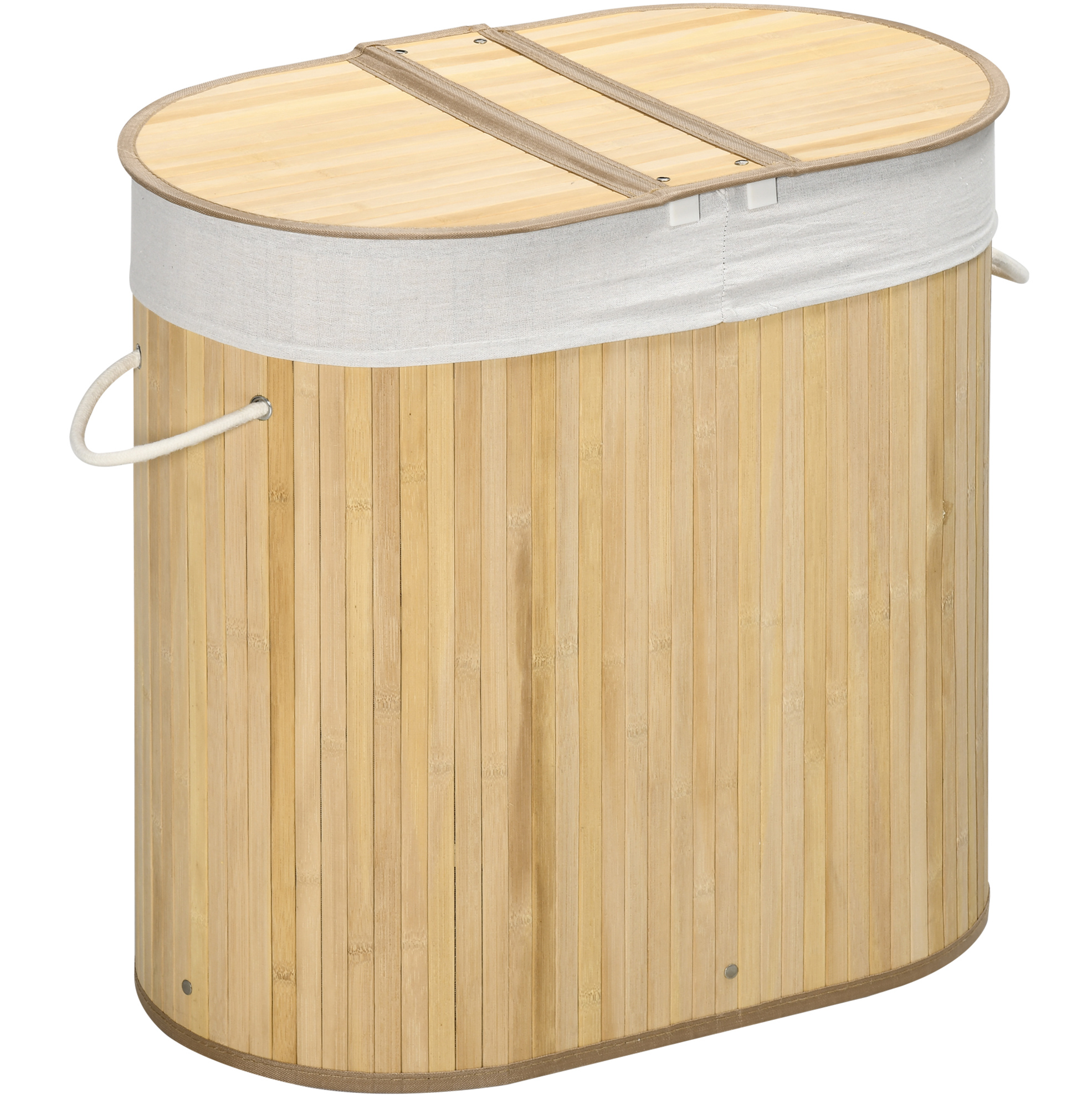Bambus-wäschekorb Mit Deckel, 2 Fächern Und Herausnehmbarem Futter, 100 L