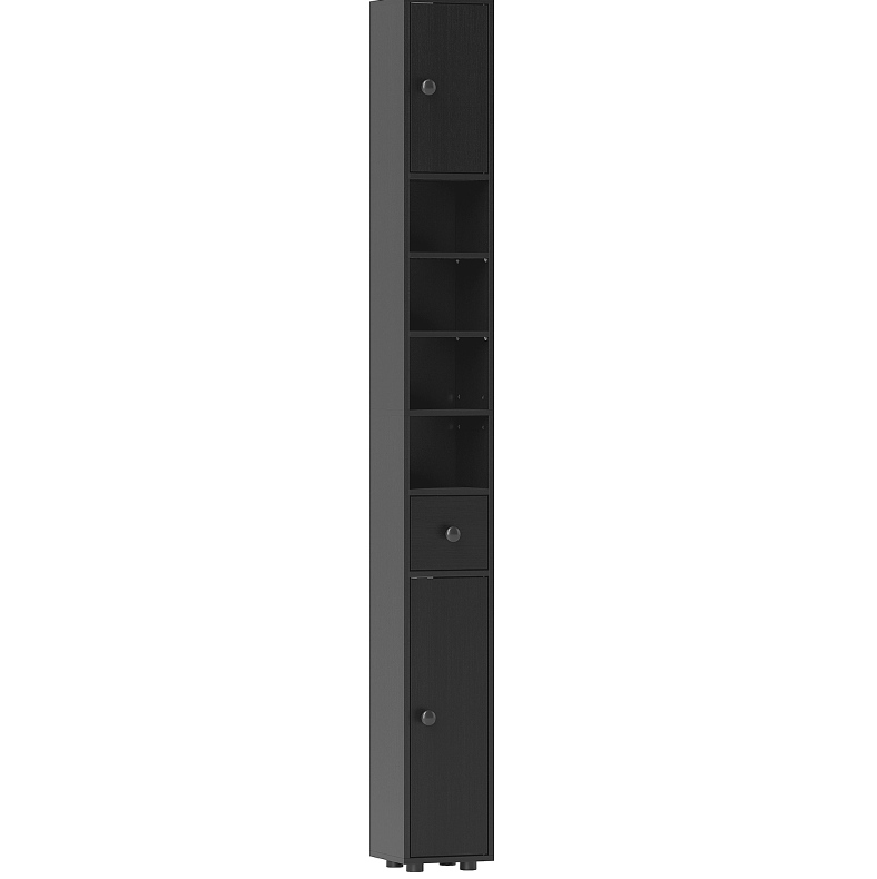 Schmaler Hoher Badezimmerschrank In Schwarz, 180 Cm, Mit Offenen Fächern, 2 Türen Und Schublade