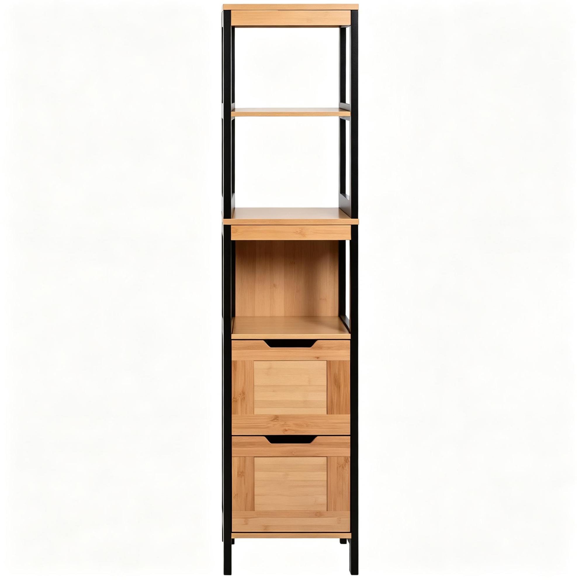 Hoher Badezimmerschrank Aus Bambus Und Mdf Mit 2 Schubladen, 3 Ablagen, 30 X 30 X 144,3 Cm