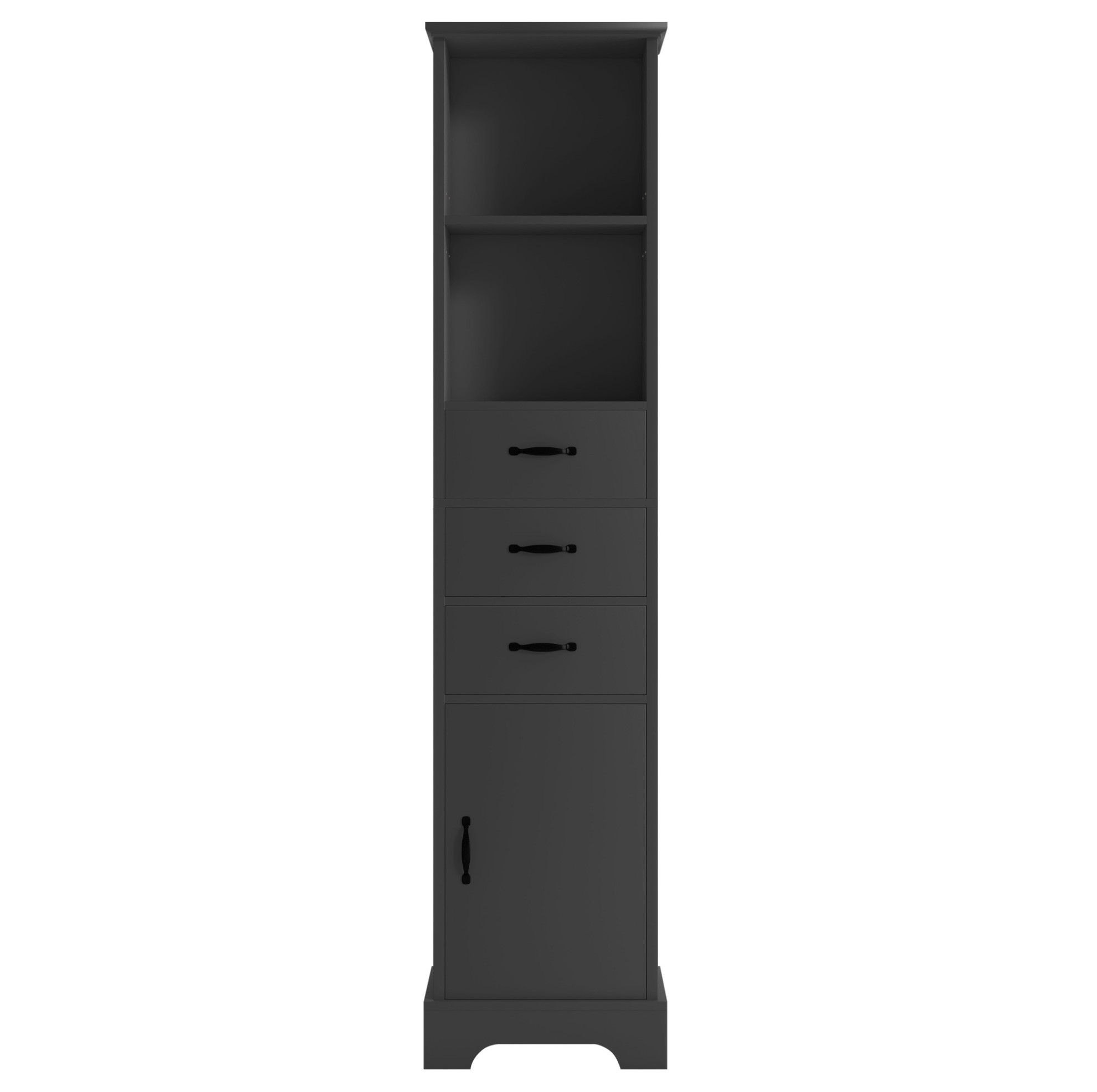 Badhochschrank 38 X 26 X 172,5 Cm Aus Schwarzem Mdf Mit 3 Schubladen, Offenen Fächern Und Tür