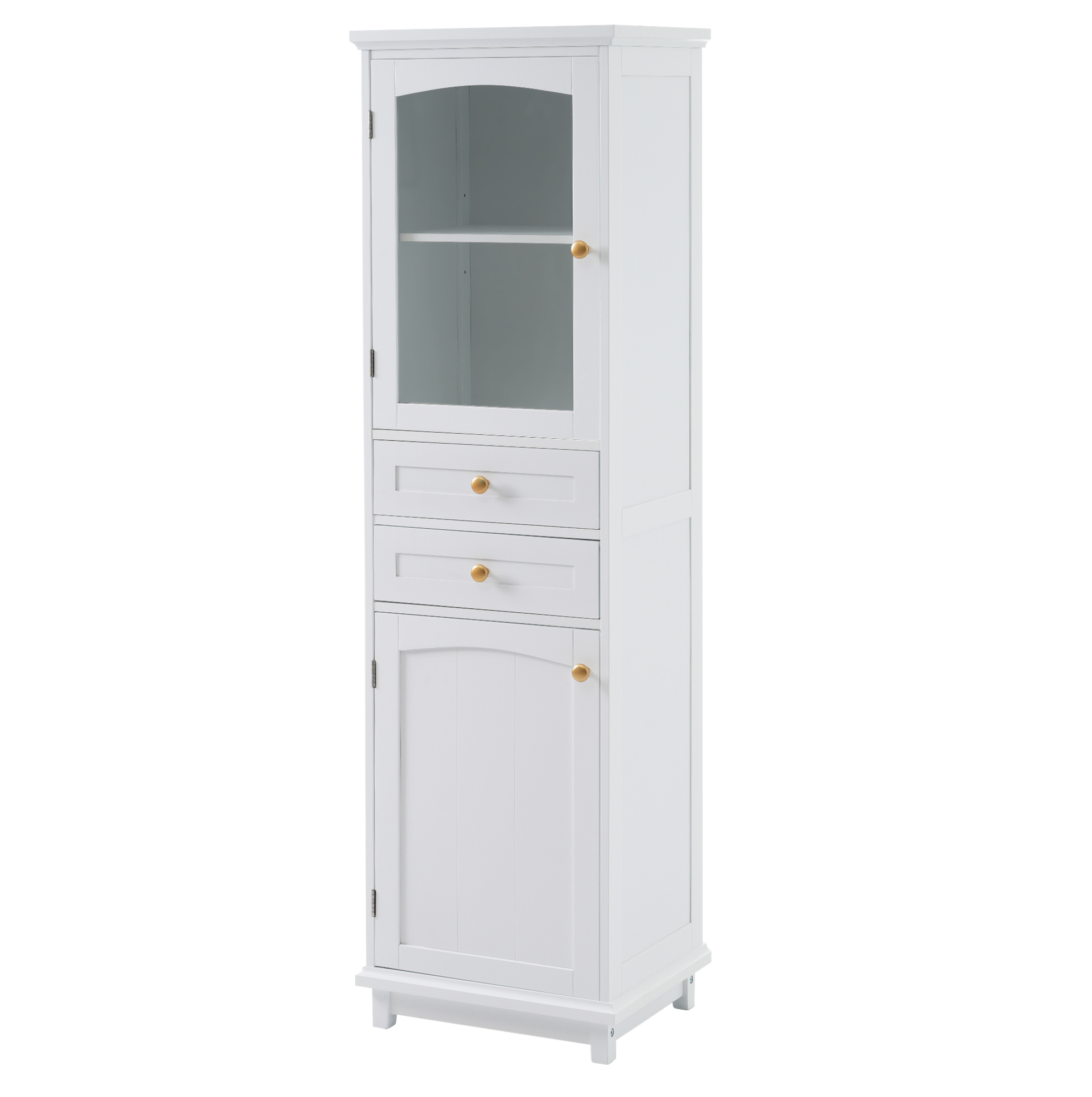 Badezimmerschrank 45 X 36 X 160 Cm, Weiß, Mdf Und Glas, 2 Schubladen, Verstellbare Regalböden