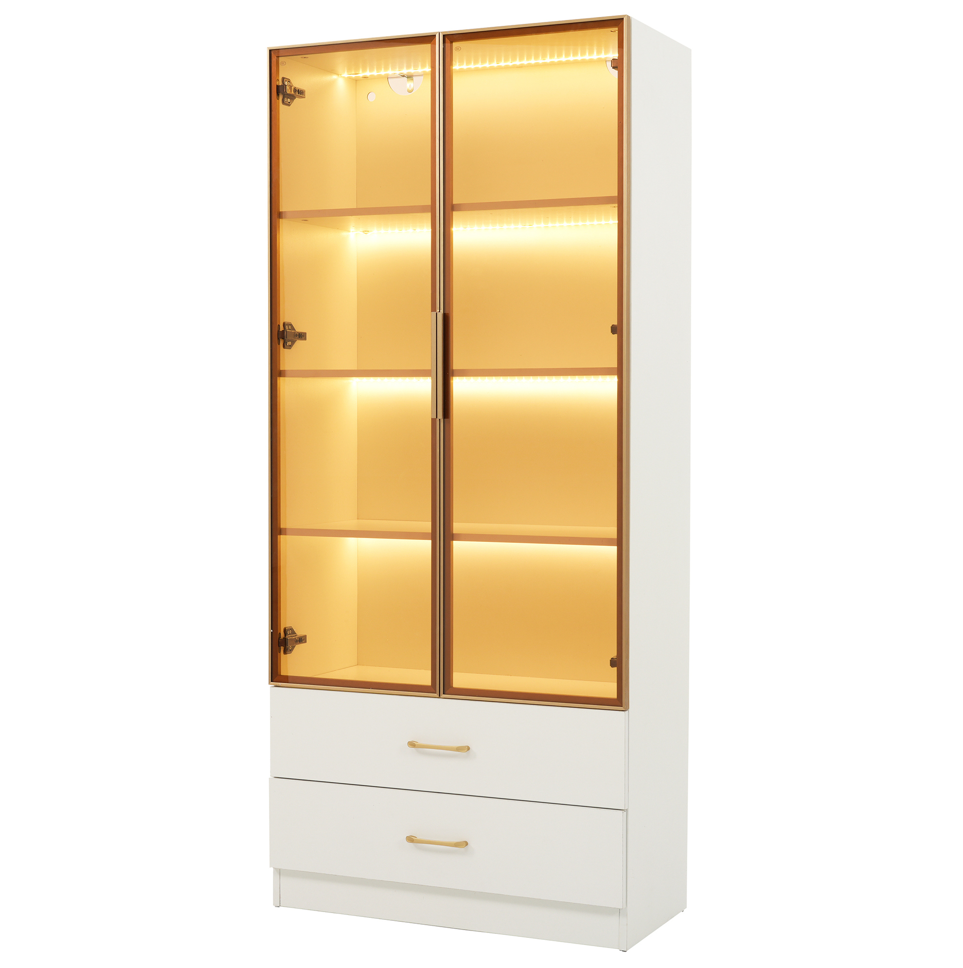 Weißer Badezimmerschrank Aus Mdf 75 Cm Mit 2 Schubladen, 2 Glastüren Und Lichtleiste
