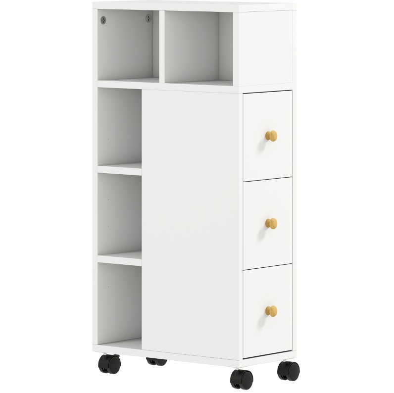 Schmaler Weißer Badezimmerschrank Mit 3 Schubladen, 5 Offenen Fächern Und Rollen
