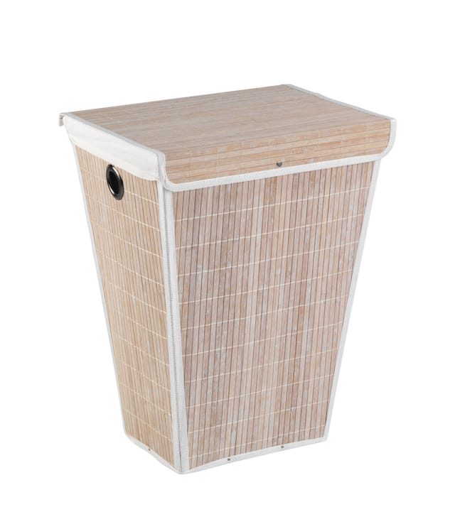 Wenko - Wäschetruhe mit Sack + Deckel Weiß 55L Wäschekorb Bamboo 45x60x33cm Bambus