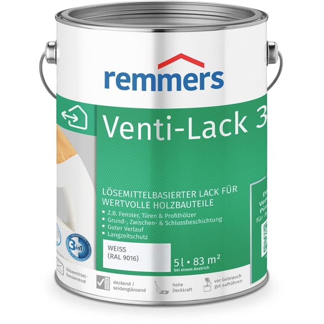 Venti-Lack 3in1 weiß (ral 9016), 5 Liter, Alkydhardzlack für Holz innen und außen, 3 Beschichtungen in einem Produkt, hohe Deckkraft - Remmers