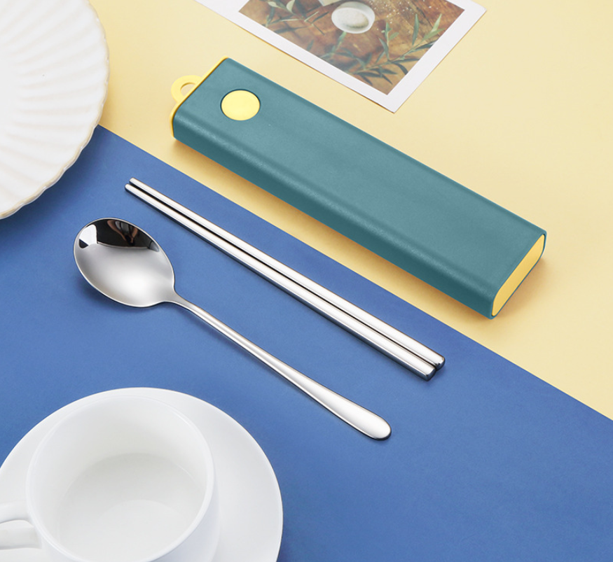 Essstäbchen- Und Löffelset Mit Etui, Lange Griffe, Wiederverwendbar, Edelstahl, Koreanischer Stil, Ideal Für Reisen, Büro, Küche Und Restaurants.