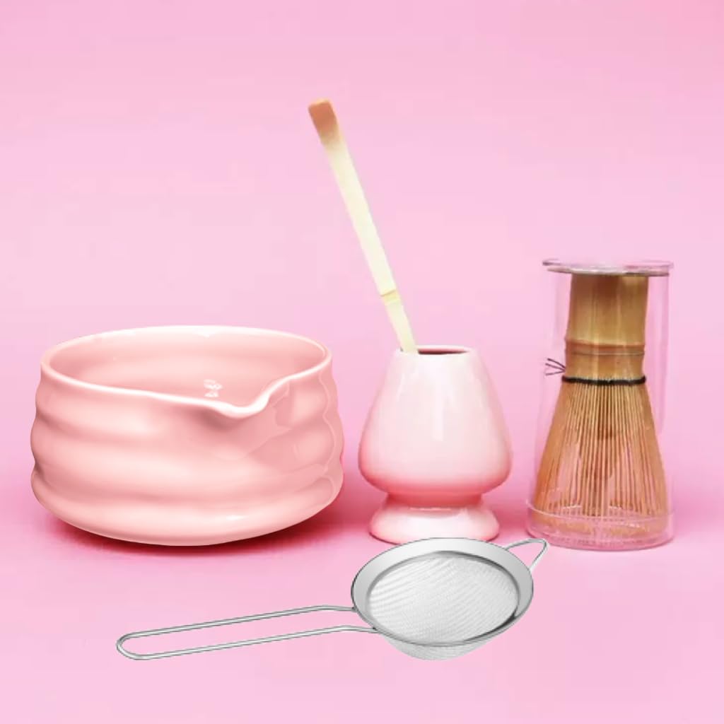 Set Aus 5 Rosa Matcha-teebesen, Matcha-pulver-set (schale Mit Ausguss + Bambusbesen Mit Ständer + Sieb + Löffel) Zur Zubereitung Von Matcha, Mit Kleinem Sieb, Mixer Und Schneebesen.
