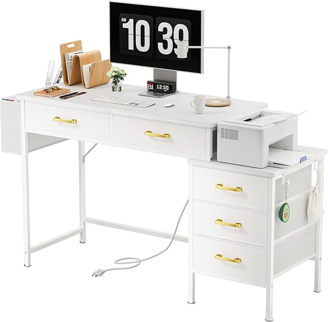 Computertisch mit 5 Schubladen und integrierter Steckdose, praktisches und funktionales Design für Büro, Wohnzimmer oder Schlafzimmer, ideal für