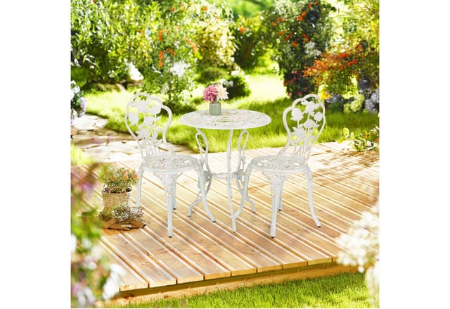 Relaxdays Gartenmöbel Set, 3-teilig, Tisch & 2 Stühle, Vintage Balkonmöbel, Aluguss, Garten Sitzgruppe, weiß/bronze