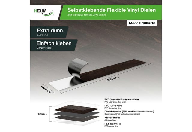 Hexim - Vinyldielen 0,97m² selbstklebend pvc Wandverkleidung Bodenbelag Holzoptik 91x15cm Paneele: 7 Dielen / 0.97 m², 1804-18 Ebony Black