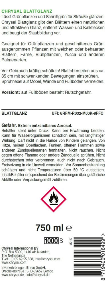 Chrysal Pflanzenspray Blattglanz 750 ml Dünger
