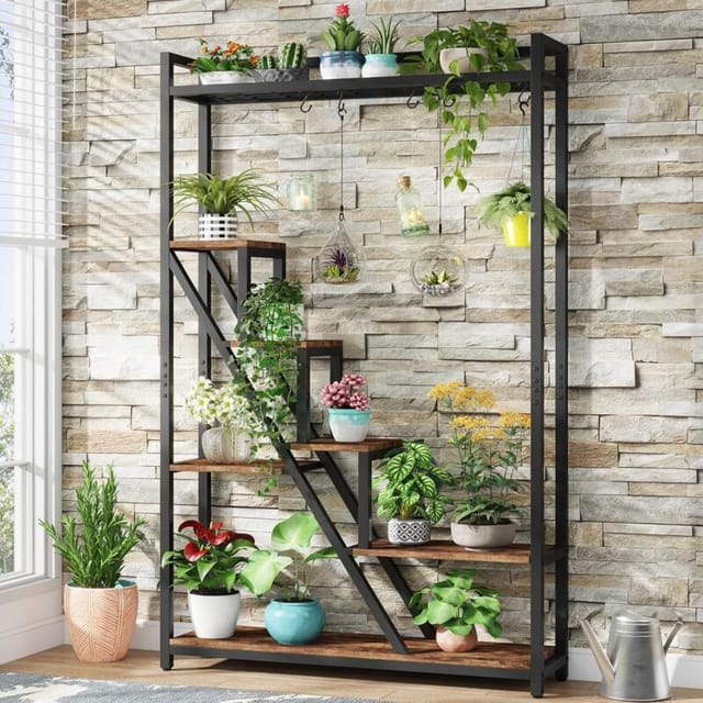 Tribesigns - Blumenständer, 7 Ebenen Großes Pflanzenregal Mit 5 S-haken, 180cm Hoch Pflanzenständer Industrieller Blumenständer Aus Holz Für Indoor Balkon Boden Blumentreppe Wohzimmer (rustikales Braun)